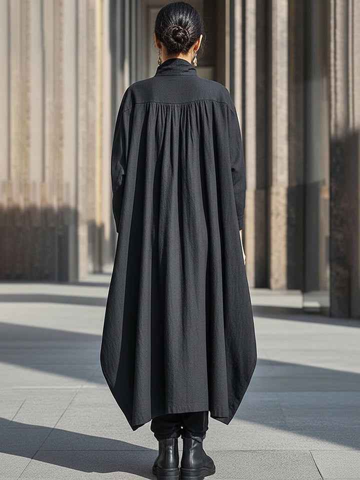 Charcoal Black High-Neck Cotton Linen Pleated Long Dress