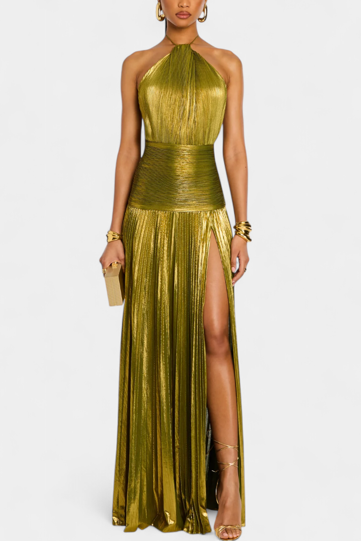 Emma | Metallic Open Back Halter Dress