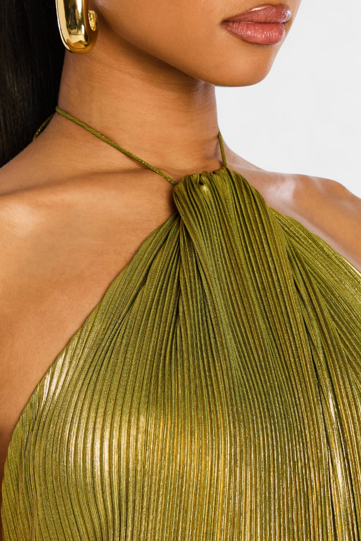 Emma | Open Back Metallic Halter Dress