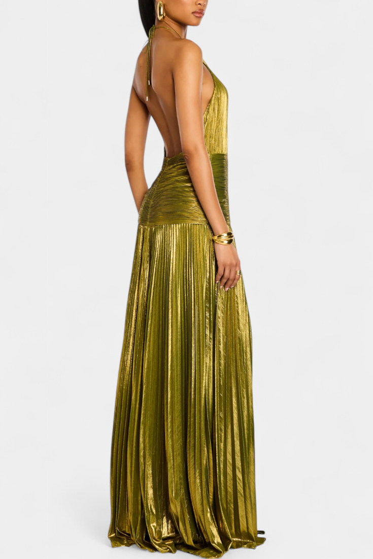 Emma | Open Back Metallic Halter Dress