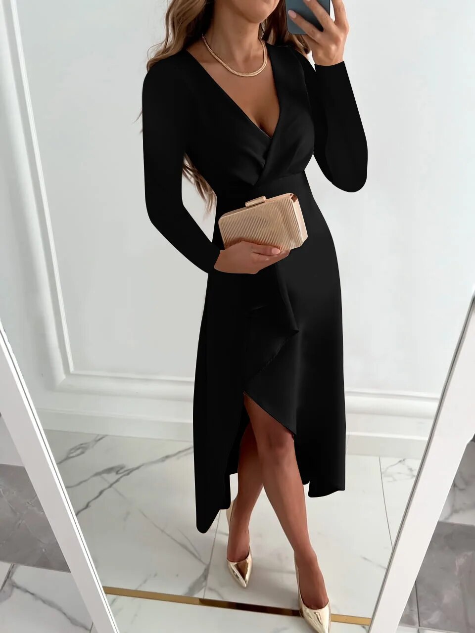 Elegant V-Neck Midi Dress with Side Slit