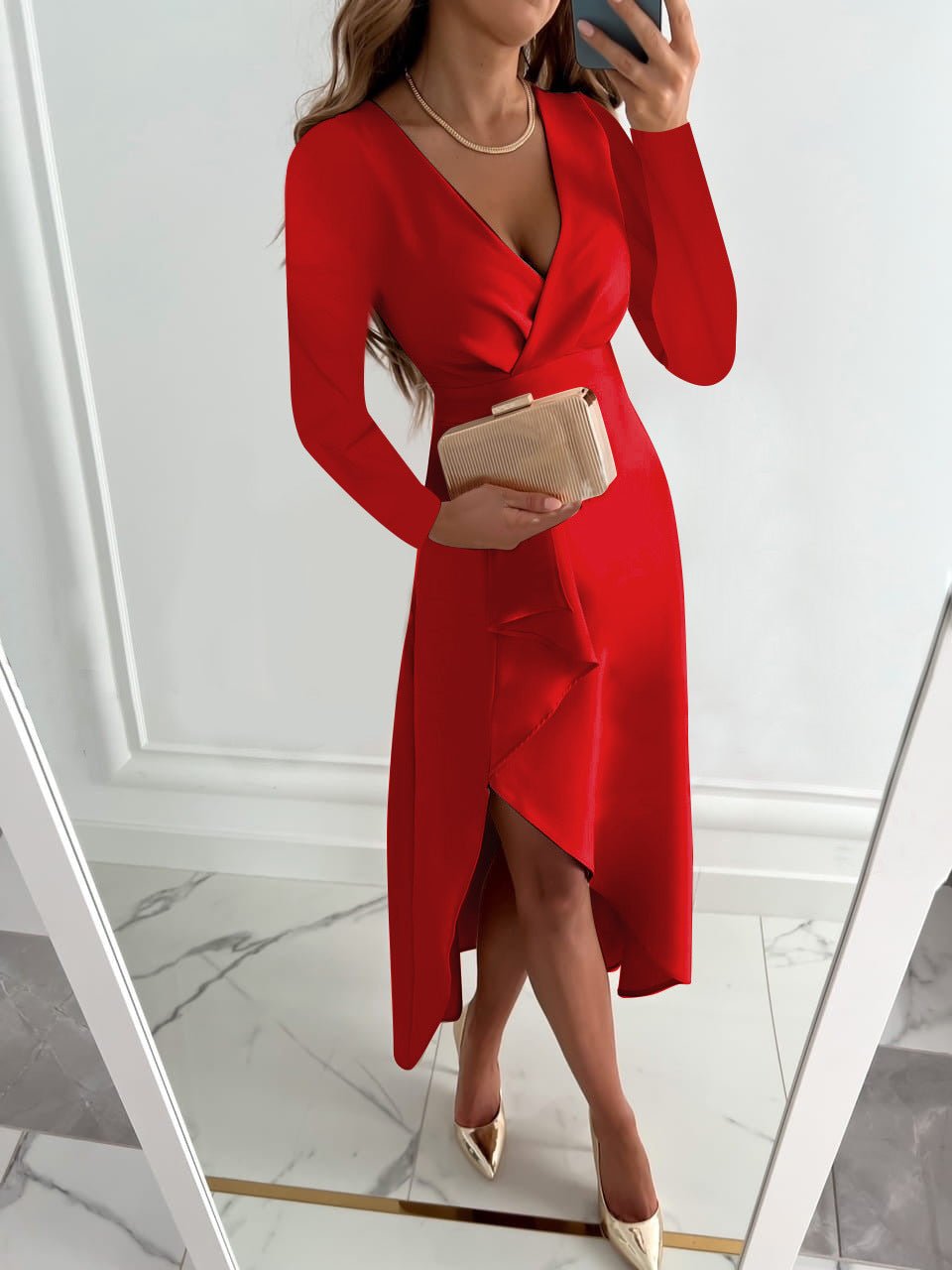 Elegant V-Neck Midi Dress with Side Slit
