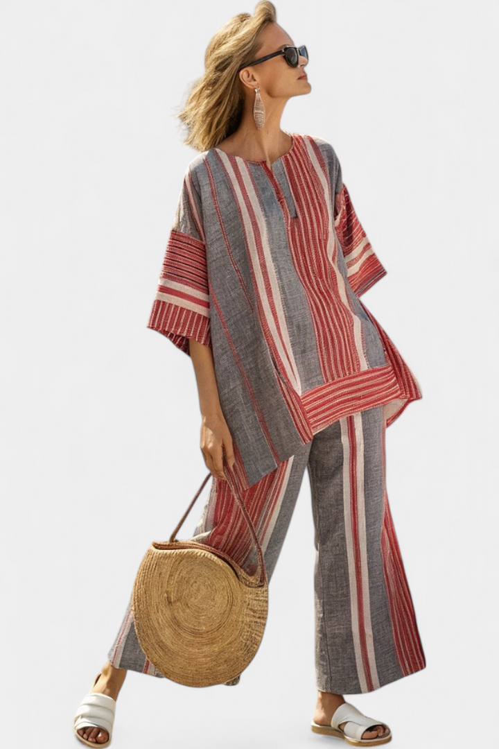Bravine | Elegant Coral-Gray Top & Wide-Leg Pants
