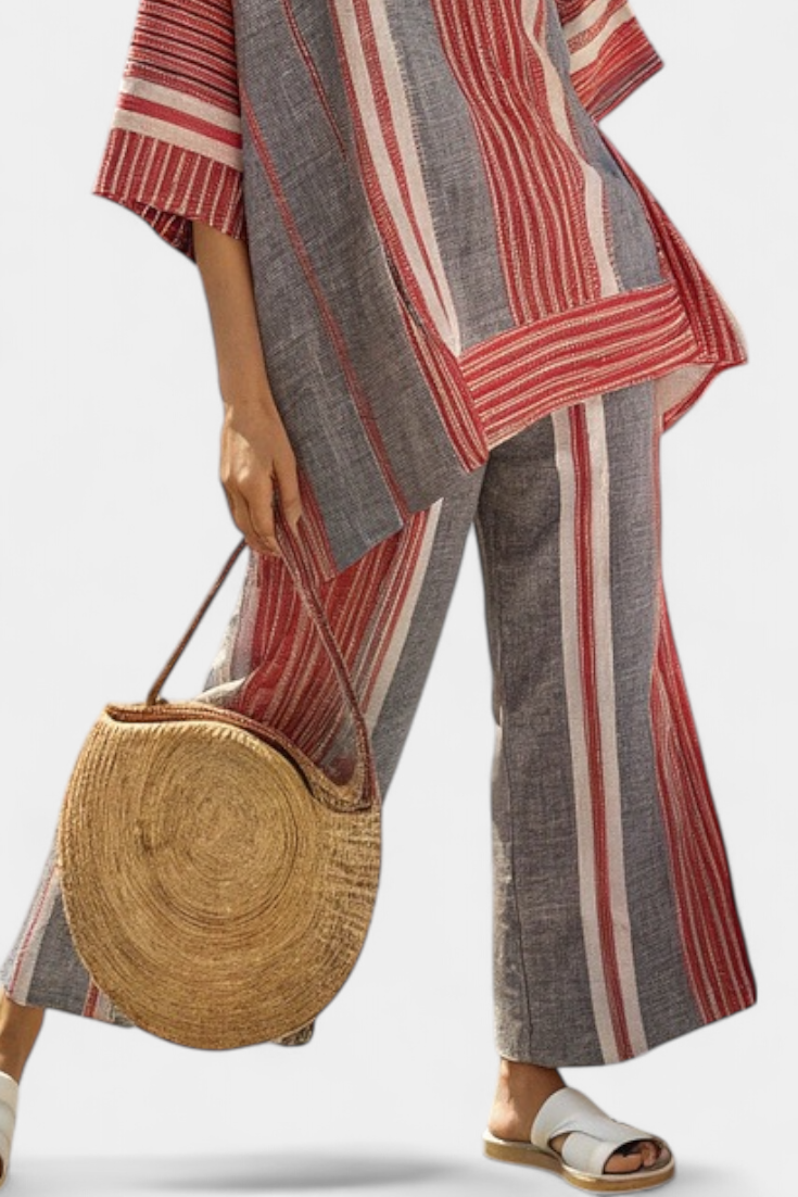 Bravine | Elegant Coral-Gray Top & Wide-Leg Pants