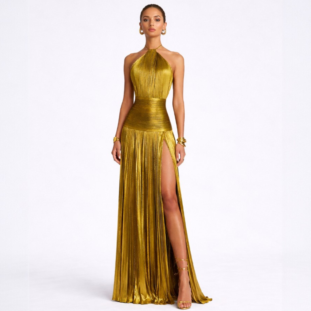 Emma | Open Back Metallic Halter Dress