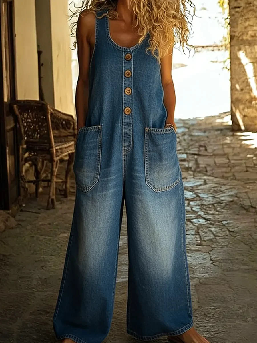 Women's Sleeveless Washed Cotton Denim Jumpsuit
