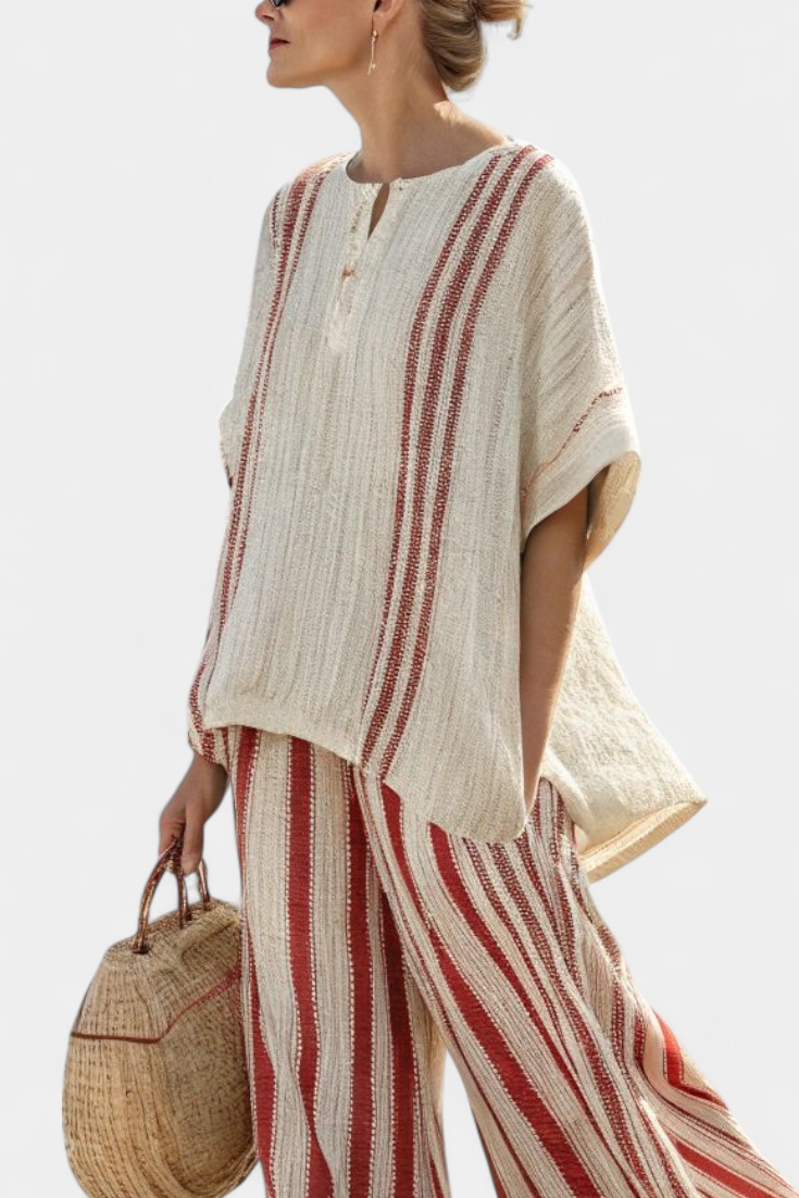 Mirella | Sophisticated Textured Red-Stripe Top & Pants