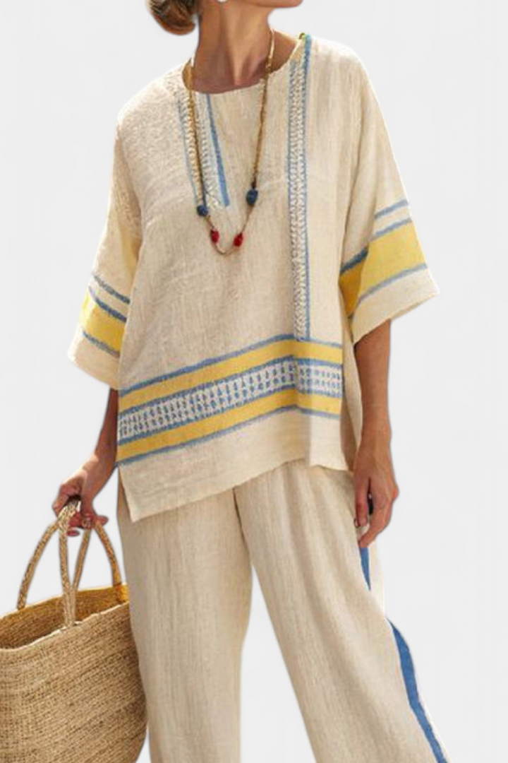 Jaxmere | Comfortable Blue-Yellow Mediterranean Top & Pants