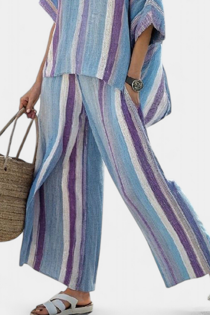 Faelith | Elegant Mauve Pastel Top & Striped Pants