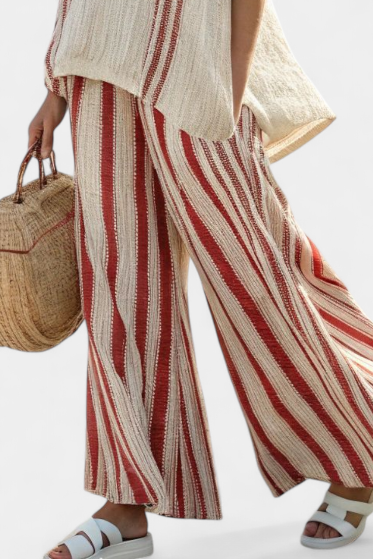 Mirella | Sophisticated Textured Red-Stripe Top & Pants