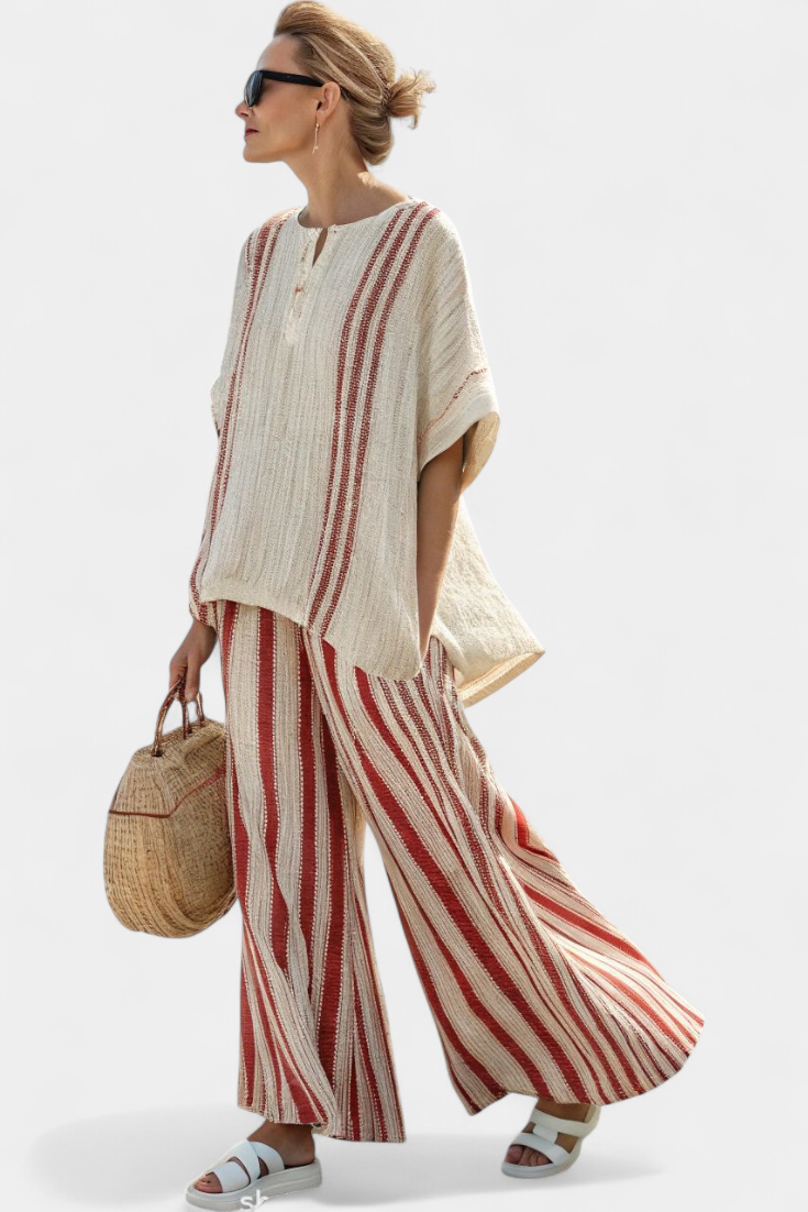 Mirella | Sophisticated Textured Red-Stripe Top & Pants