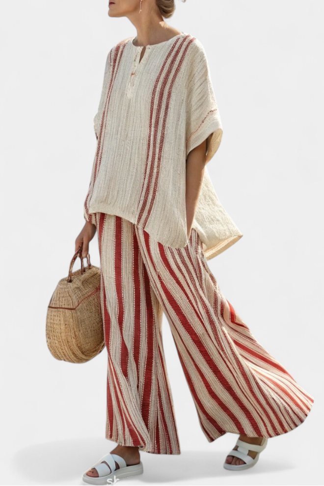 Mirella | Sophisticated Textured Red-Stripe Top & Pants