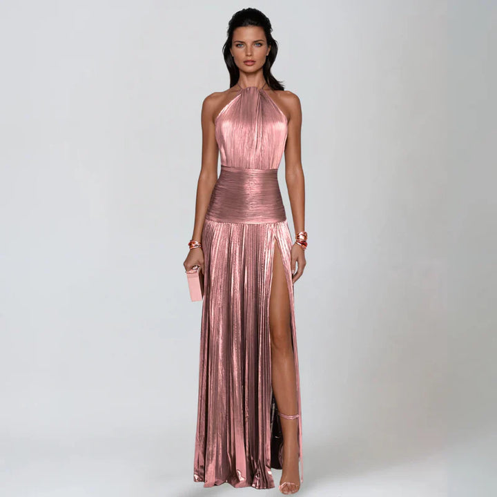 Emma | Open Back Metallic Halter Dress