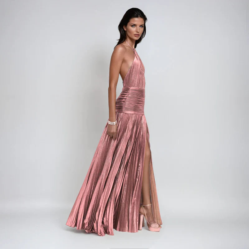 Emma | Open Back Metallic Halter Dress