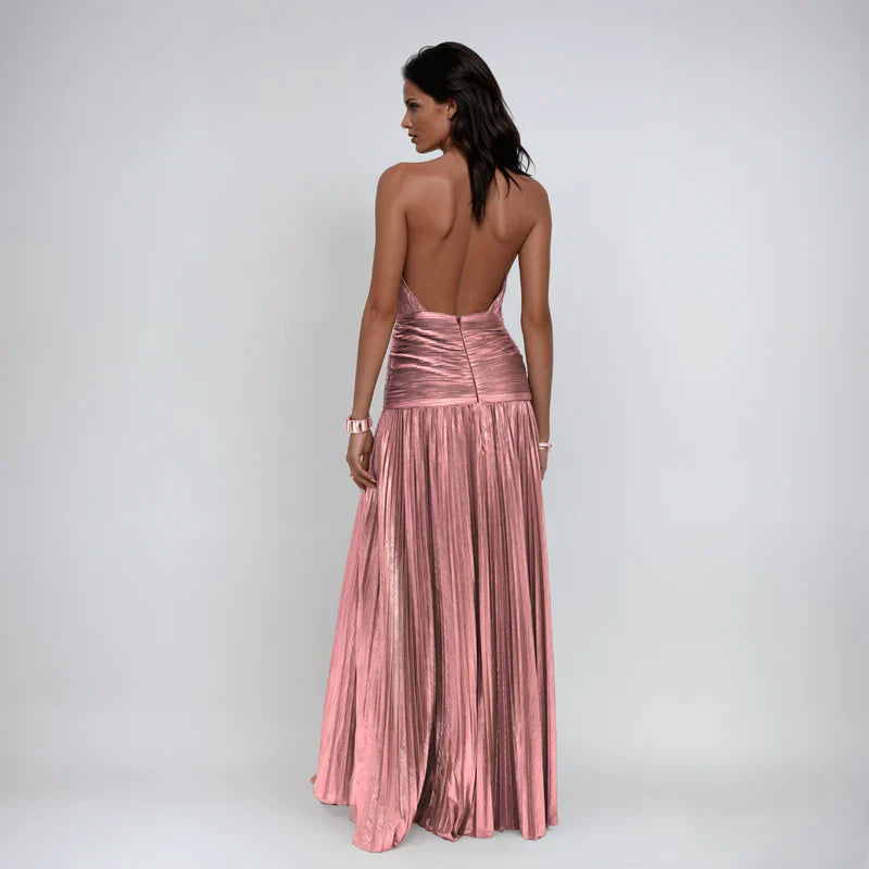 Emma | Metallic Open Back Halter Dress