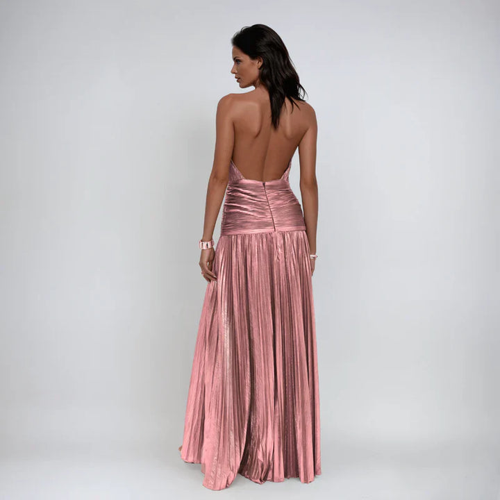 Emma | Open Back Metallic Halter Dress